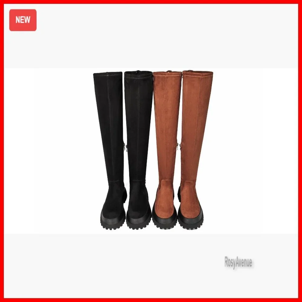 Thigh High Boots Chunky Sole Platform Stretch Faux Suede Over Knee